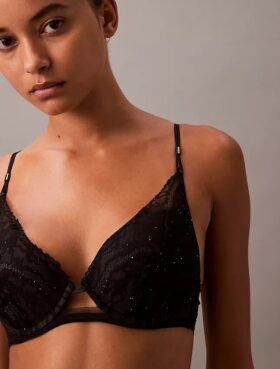 CK Black Çiçek Desenli Dantel Push-up Plunge Sütyen