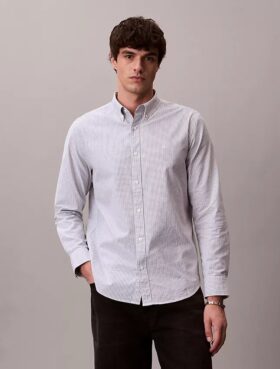 Cotton Stretch Çizgili Oxford Klasik Düğmeli Gömlek