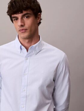 Cotton Stretch Çizgili Oxford Klasik Düğmeli Gömlek
