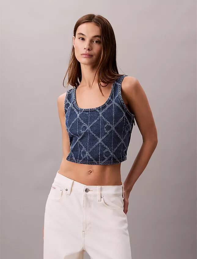 Denim Allover Monogram Kısa Tank Top Denim Allover Monogram Kısa Tank Top