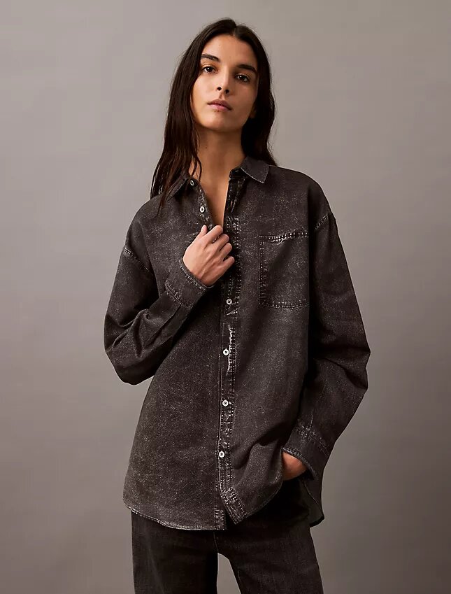 Denim Desenli Düğmeli Gömlek Denim Desenli Düğmeli Gömlek