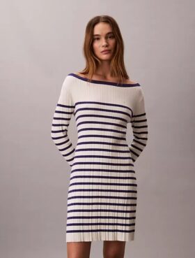 Çizgili Uzun Kollu Ribana Mini Elbise
