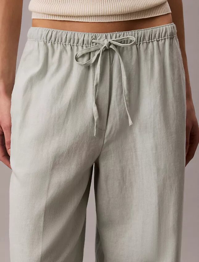 Keten Karışımlı İpli Geniş Paça Pantolon Keten Karışımlı İpli Geniş Paça Pantolon