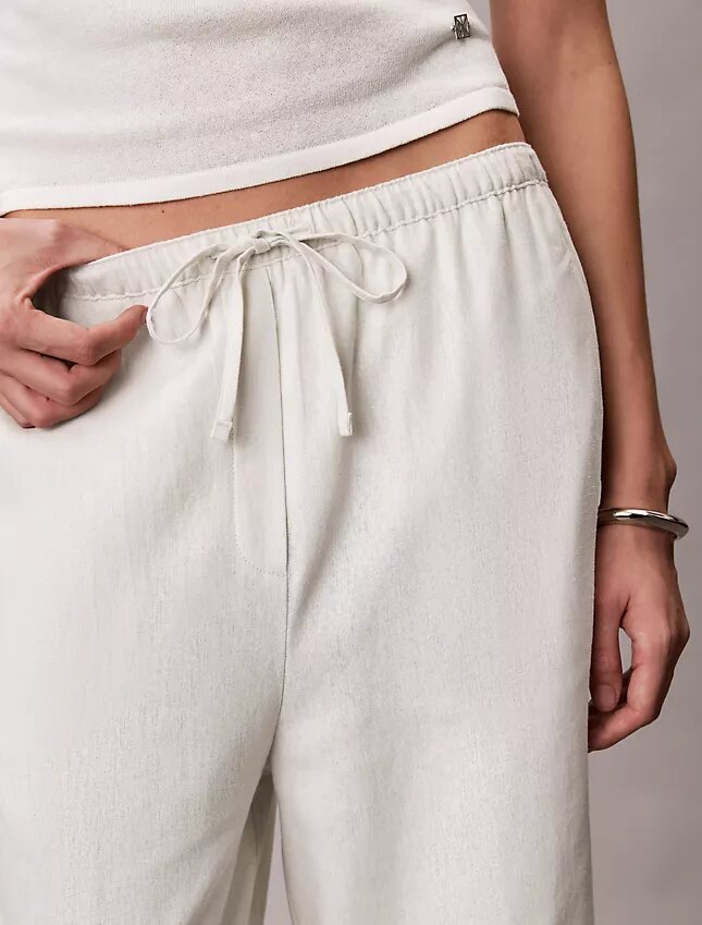 Keten Karışımlı İpli Geniş Paça Pantolon Keten Karışımlı İpli Geniş Paça Pantolon