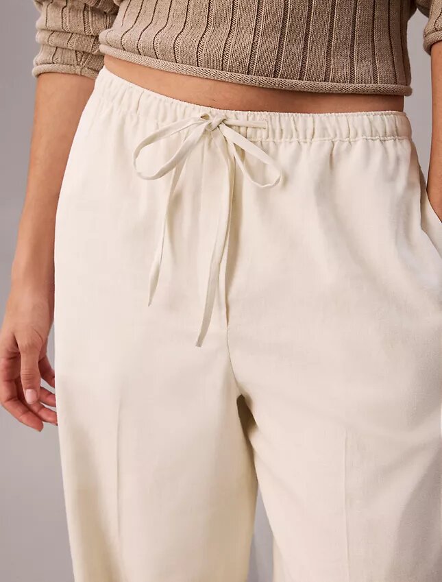 Keten Karışımlı İpli Geniş Paça Pantolon Keten Karışımlı İpli Geniş Paça Pantolon