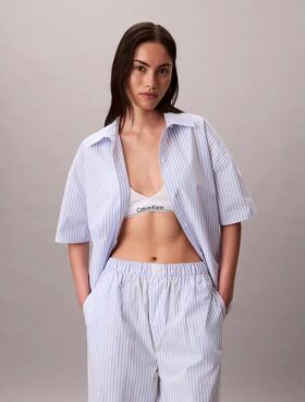 Pamuklu Poplin Rahat Kısa Kollu Pijama Gömleği