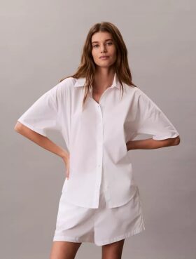 Pamuklu Poplin Rahat Kısa Kollu Pijama Gömleği
