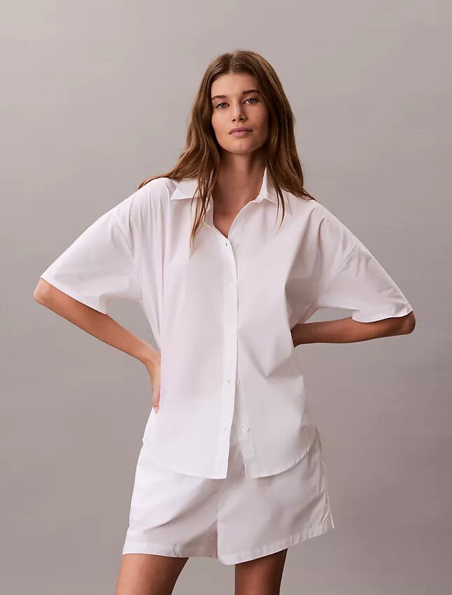 Pamuklu Poplin Rahat Kısa Kollu Pijama Gömleği Pamuklu Poplin Rahat Kısa Kollu Pijama Gömleği