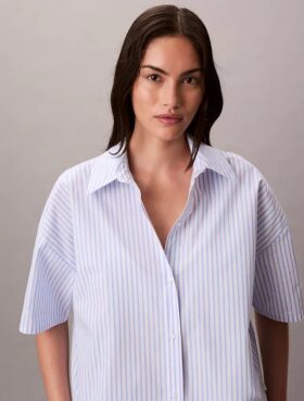Pamuklu Poplin Rahat Kısa Kollu Pijama Gömleği