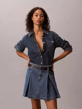 Pileli Denim Mini Etek