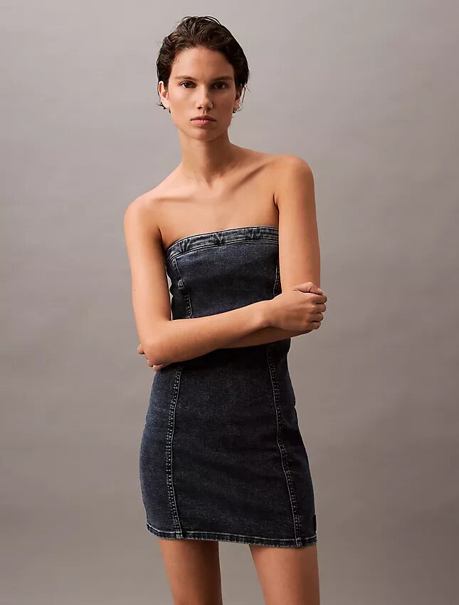 Straplez Denim Mini Elbiseler Straplez Denim Mini Elbiseler