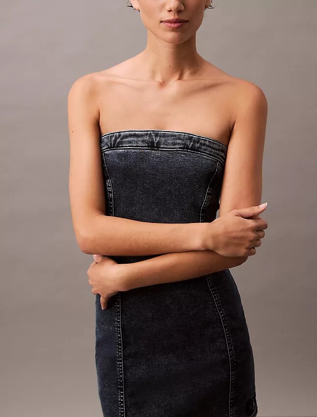 Straplez Denim Mini Elbiseler Straplez Denim Mini Elbiseler