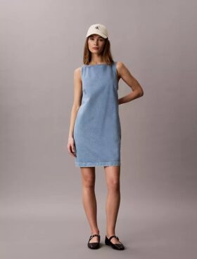 V Yaka Denim Shift Elbise
